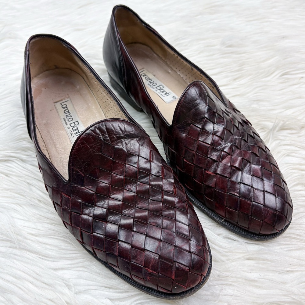 Lorenzo Banfi Vintage Woven Italian Leather Slip On Loafer Red Brown Mens Size 8